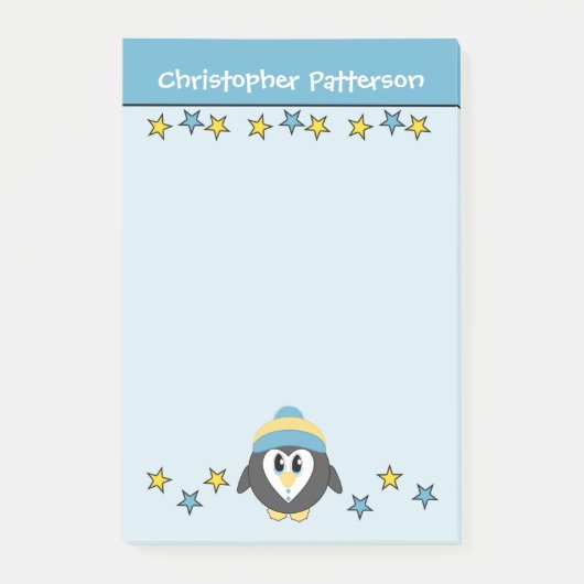 Lieve pinguïn sterren naam kinderen blauw geel post-it® notes (Voorkant)