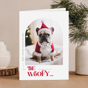 Lieve puppy kerstman hoed hond foto kerstmis feestdagen kaart