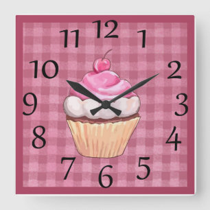Lieve Roze Gingham Cupcake Wandklok Vierkante Klok