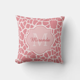 Lieve Roze Giraffe Patroon Met Monogram en Naam Kussen