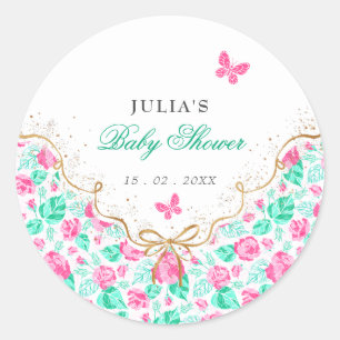 Lieve Roze Roos Bloem Gouden Strik Baby shower Ronde Sticker