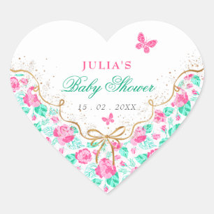 Lieve Roze Roos Bloem Gouden Strik Babyshower Hart Sticker