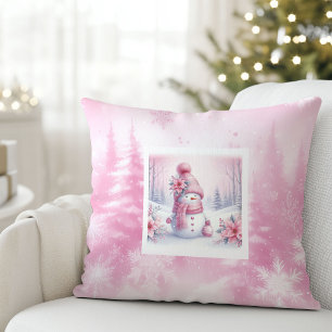 Lieve Roze Sneeuwman Kerst Scene Kinderen Kussen
