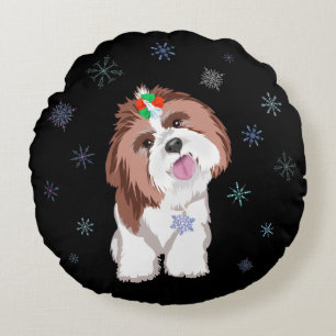 Lieve & Schattige Shih Tzu Met Sneeuwvlok Hondenpe Rond Kussen