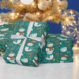 Lieve Sneeuwmannen Groen Sneeuwvlokken Groene Kers Cadeaupapier