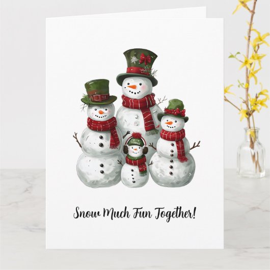 Lieve Sneeuwmannenfamilie in bijpassende hoeden en Kaart (Gele Bloem)