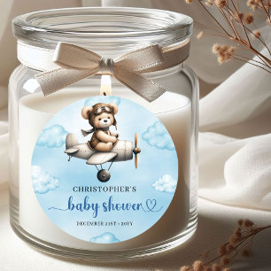 Lieve Teddybeer Aviator Blauwe Bruine Jongens Baby Ronde Sticker