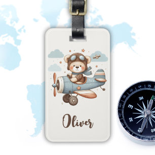 Lieve teddybeer piloot gepersonaliseerd bagagelabel