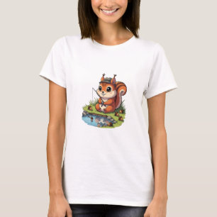 Lieve tekenfilm eekhoorn met hoed vist met eikel t-shirt