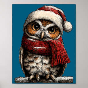 Lieve Uil Met Kerstman Hoed Besneeuwde Winter Kers Poster