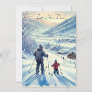 Lieve vader en zoon skiën samen aquarel feestdagenkaart