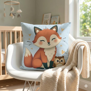 Lieve Vos en Uil Whimsical Bos Illustratie Kussen