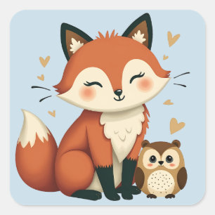 Lieve Vos en Uil Whimsische Bos Illustratie Vierkante Sticker