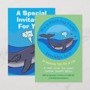 Lieve walvis en kalf speelse cartoon uitnodiging
