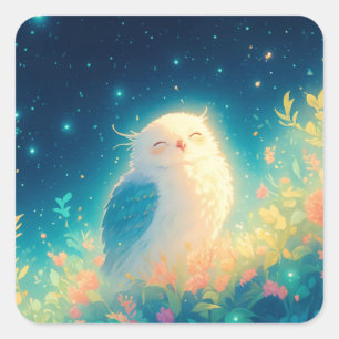 Lieve Witte Uil Slaapt in een Lichtgevende Middern Vierkante Sticker