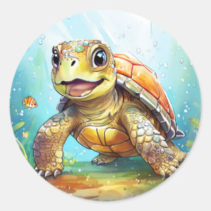 Lieve Zeeschildpad in de Oceaan Cartoon Ronde Sticker