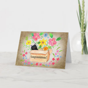 Lieve Zwarte Kat in een Doos Bloemrijke Felicitati Kaart