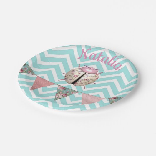 Lieveheersbeestje chevron bloemig cute roze blauw papieren bordje (Gekanteld)