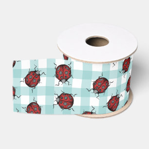 Lieveheersbeestje en turquoise ruitjes natuurpatro grosgrain lint