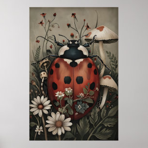 Lieveheersbeestje in donkere bloem en paddenstoele poster