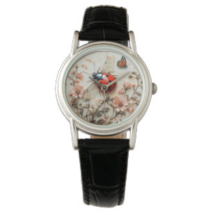 Lieveheersbeestje Roze Bloemen Parels Vlinder Horloge