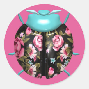 Lieveheersbeestje Victoriaans bloemig  roze zwart  Ronde Sticker