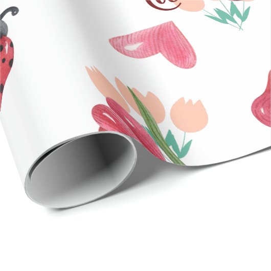 Lieveheersbeestje, vlinder en tulp hartpatroon cadeaupapier (Rol Hoek)