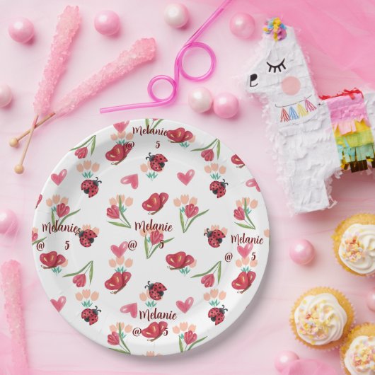 Lieveheersbeestje, vlinder en tulp hartpatroon papieren bordje (Feest)