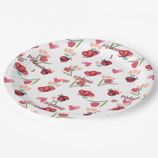 Lieveheersbeestje, vlinder en tulp hartpatroon papieren bordje (Gekanteld)