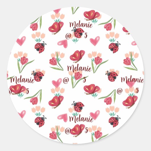 Lieveheersbeestje, vlinder en tulp hartpatroon ronde sticker (Voorkant)