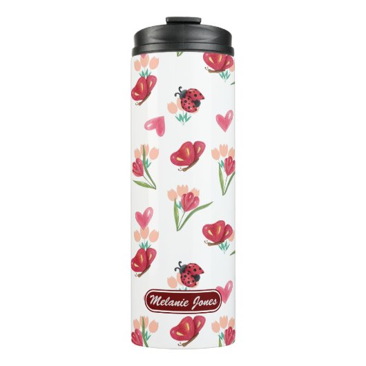Lieveheersbeestje, vlinder en tulp hartpatroon thermosbeker (Voorkant)