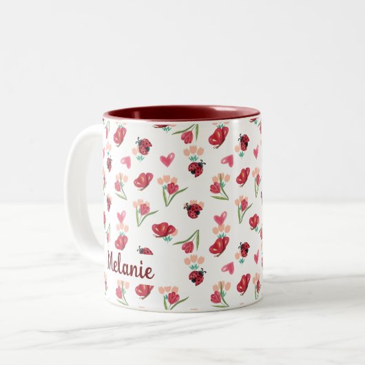 Lieveheersbeestje, vlinder en tulp hartpatroon tweekleurige koffiemok (Voorkant links)