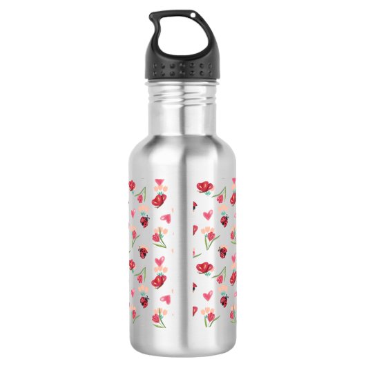 Lieveheersbeestje, vlinder en tulp hartpatroon waterfles  (Achterkant)