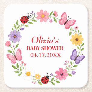 Lieveheersbeestje Wildflower Baby Meisje Shower Vierkante Kartonnen Onderzetter