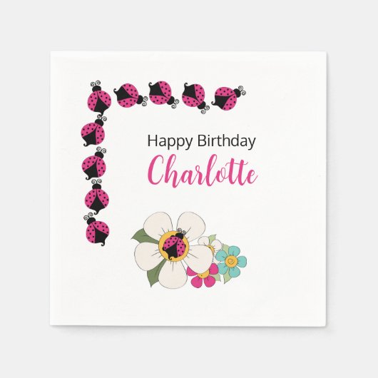 Lieveheersbeestjes en bloemen Verjaardagsfeest Servet (Voorkant)