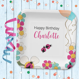 Lieveheersbeestjes en Bloemen Vierkant Verjaardags Papieren Bordje
