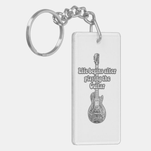 Life begins after playing the guitar. black & whit sleutelhanger (Voorkant Links)