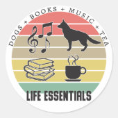 Life Essentials Hogs, Tea, Books, Music  Ronde Sticker (Voorkant)