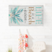 LIFE IS A BEACH Whitewash Wood Blauwgroen palmblad Spandoek (Insitu)