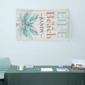 LIFE IS A BEACH Whitewash Wood Blauwgroen palmblad Spandoek (Beurs)
