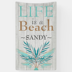 LIFE IS A BEACH Whitewash Wood Blauwgroen palmblad Spandoek