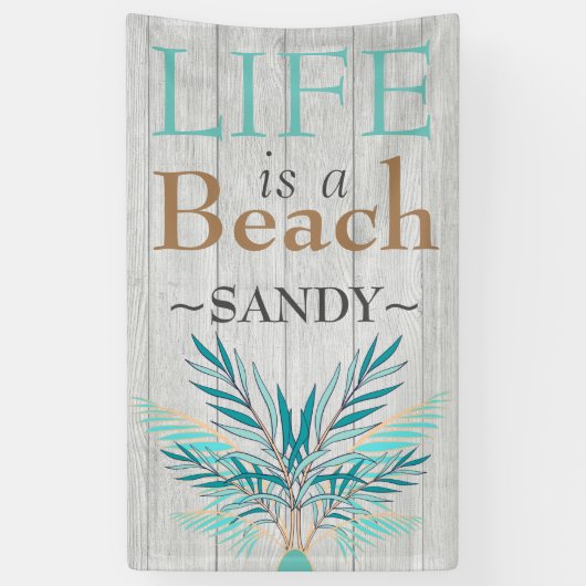 LIFE IS A BEACH Whitewash Wood Blauwgroen palmblad Spandoek (Verticaal)