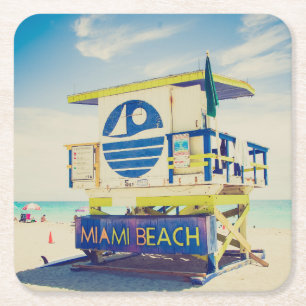 Lifeguard Tower Zuidstrand, Miami, Fl Vierkante Kartonnen Onderzetter
