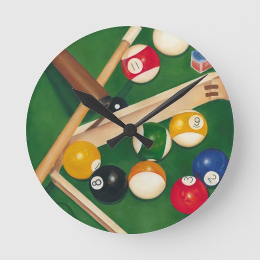 Lifelike Billiards Table met Balls en Chalk Ronde Klok (Voorkant)