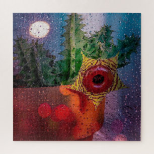 Lifesaver Cactus door een regenachtig venster Legpuzzel