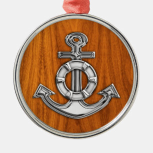 Lifesaver Chrome als Anchor op Teak Veneer Metalen Ornament
