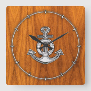 Lifesaver Chrome Anchor op Teak Veneer Styles Vierkante Klok
