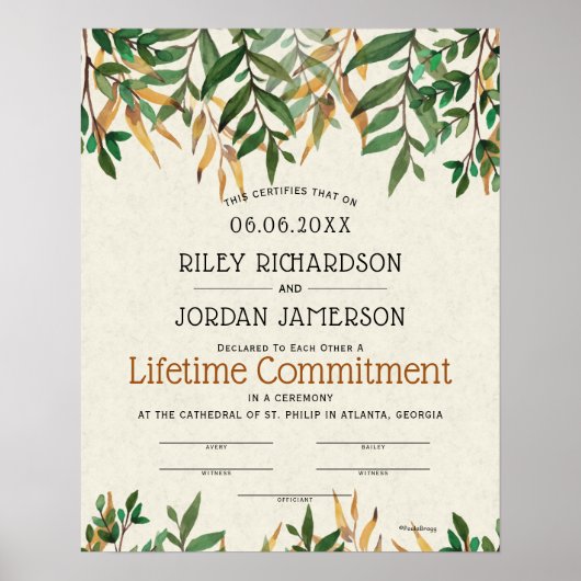 "Lifetime Commitment" Greenery Wedding Certificate Poster (Voorkant)