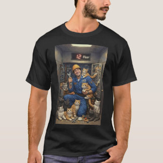 Liftmonteur met zijn katten t-shirt