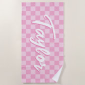Light and Pale Pink Checkerboard Bold Name Strandlaken (Voorkant)